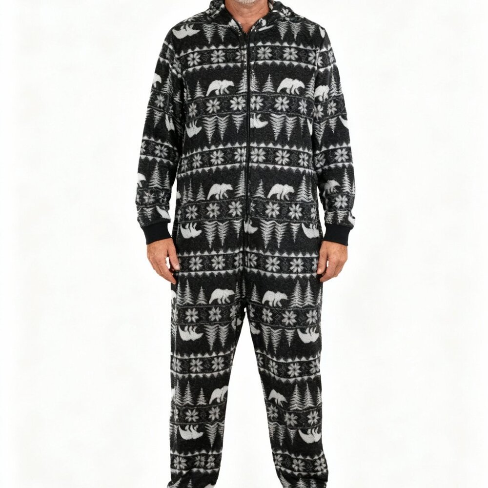 Old Navy Men's Black & White Bear Print Warm Grandpa One Piece Pajama Size L/G - Picture 9 of 9